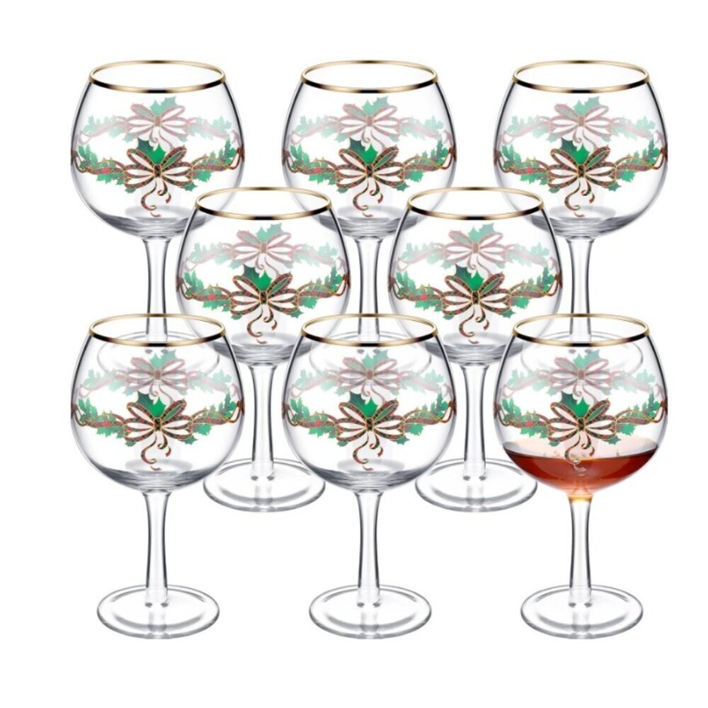 8 Pcs Long Stem Winter Holiday Berry Goblets, Golden Edge